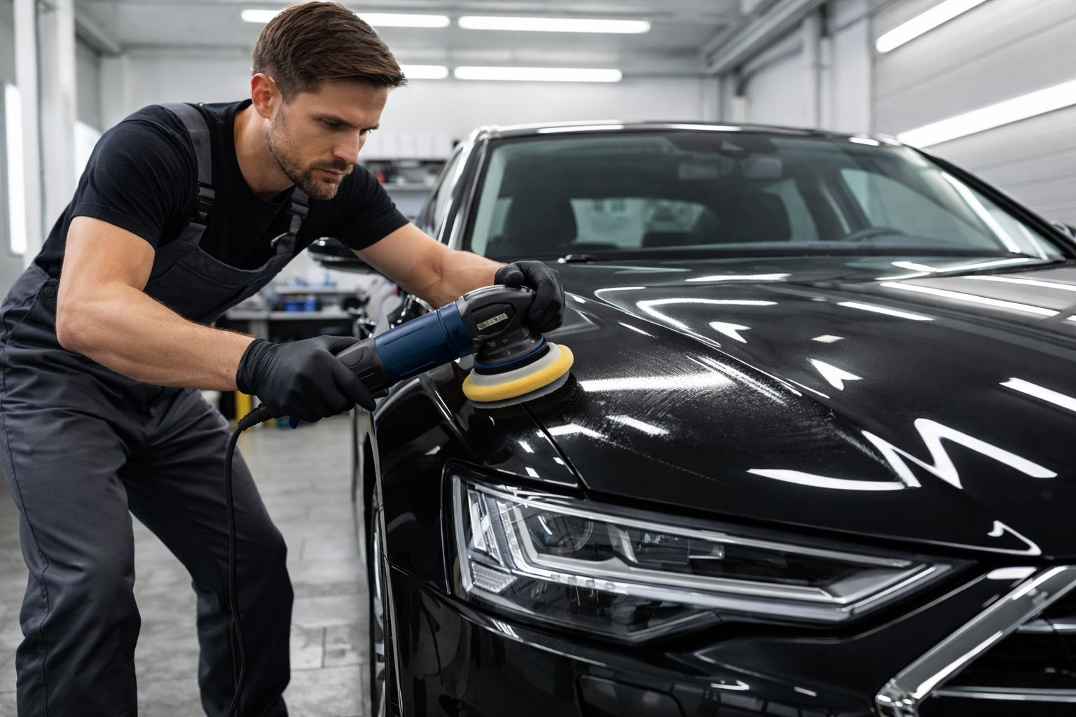 Professional detailing a black luxury car interior and exterior